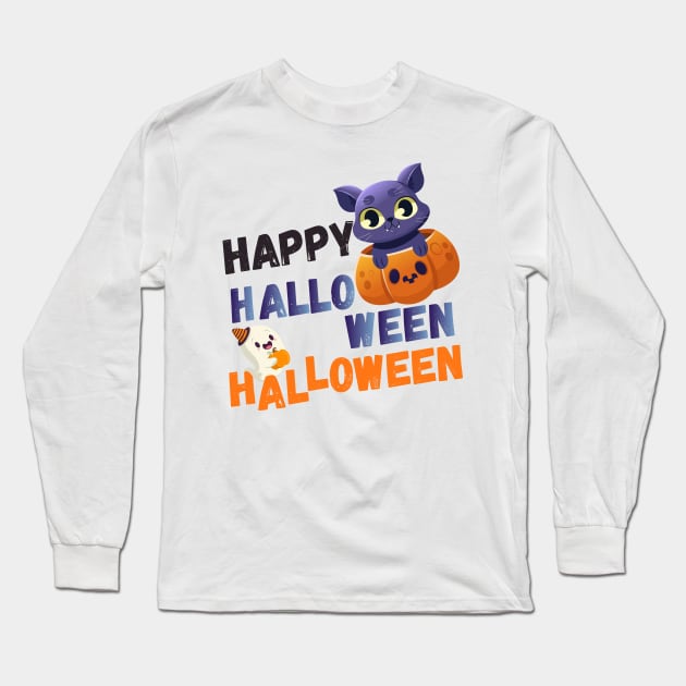 Happy Halloween Meoween - Cute Cat And Ghost Long Sleeve T-Shirt by iconking